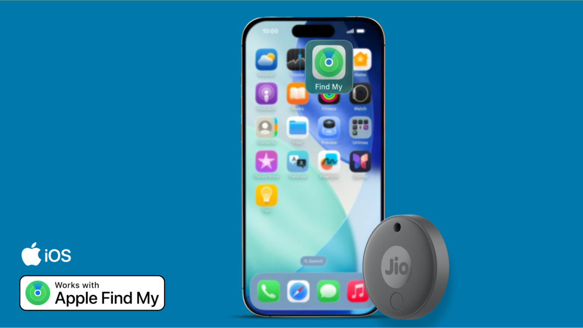 A Grey JioTag paired with an iPhone, marked Works with Apple Find My